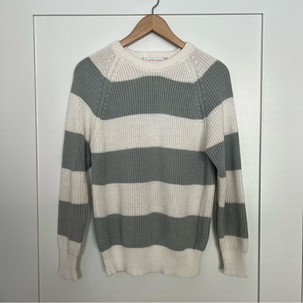 ESprit Sport Sweater Womens Small Gray White Striped Knit Long Sleeve Round Neck